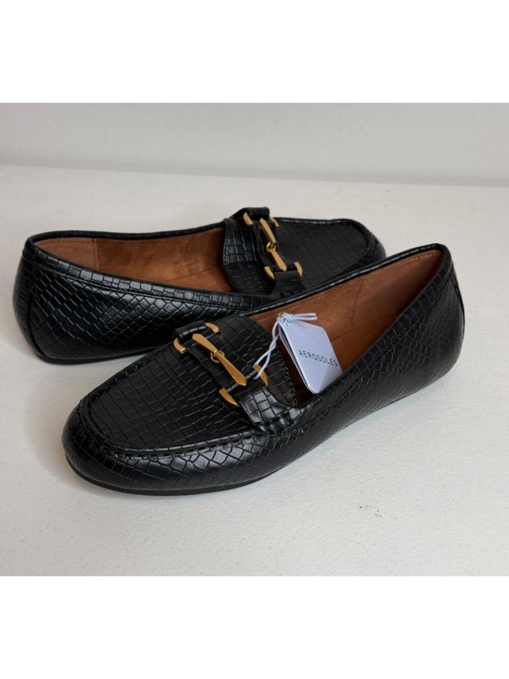Aerosoles 8.5 Black Croc Embossed Loafers Gold Bit Comfort Shoes